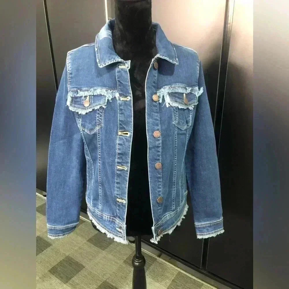 Karl Lagerfeld Paris Fringe Blue Denim Jacket,chest & hip pockets,logo patch